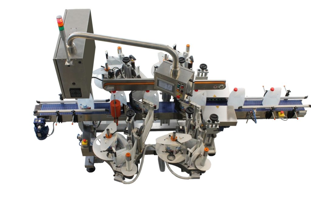 Sistema di etichettatura per applicazione di etichette fronte & retro su flaconi di forma irregolare con funzione No-Stop